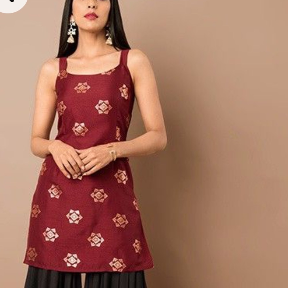 NWT maroon red gold foil strap short kurta tunic